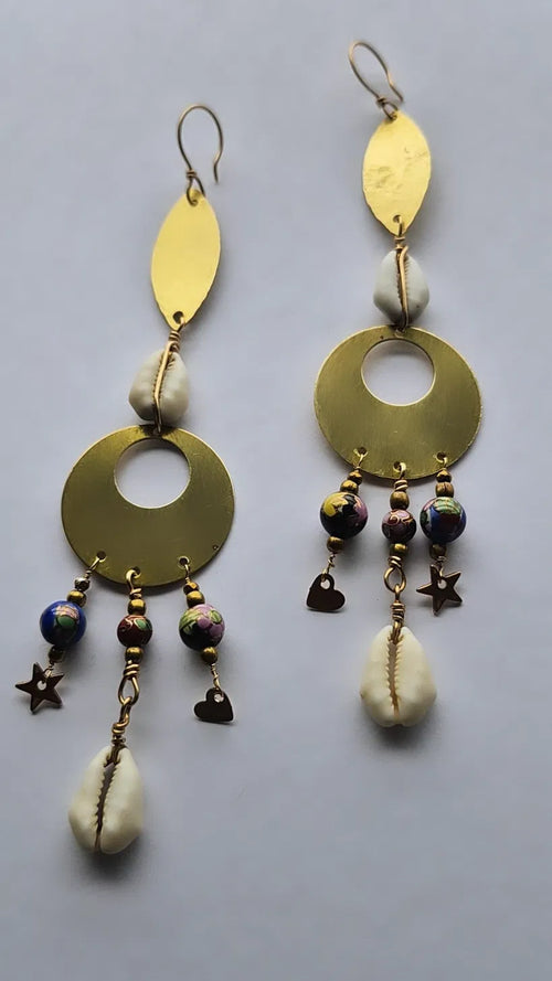 Brass disc earrings with cloisonné bead, star and heart charm drops