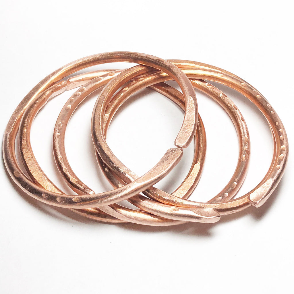 Set of 5 Solid Thick Copper Textured Wrist Bangles
