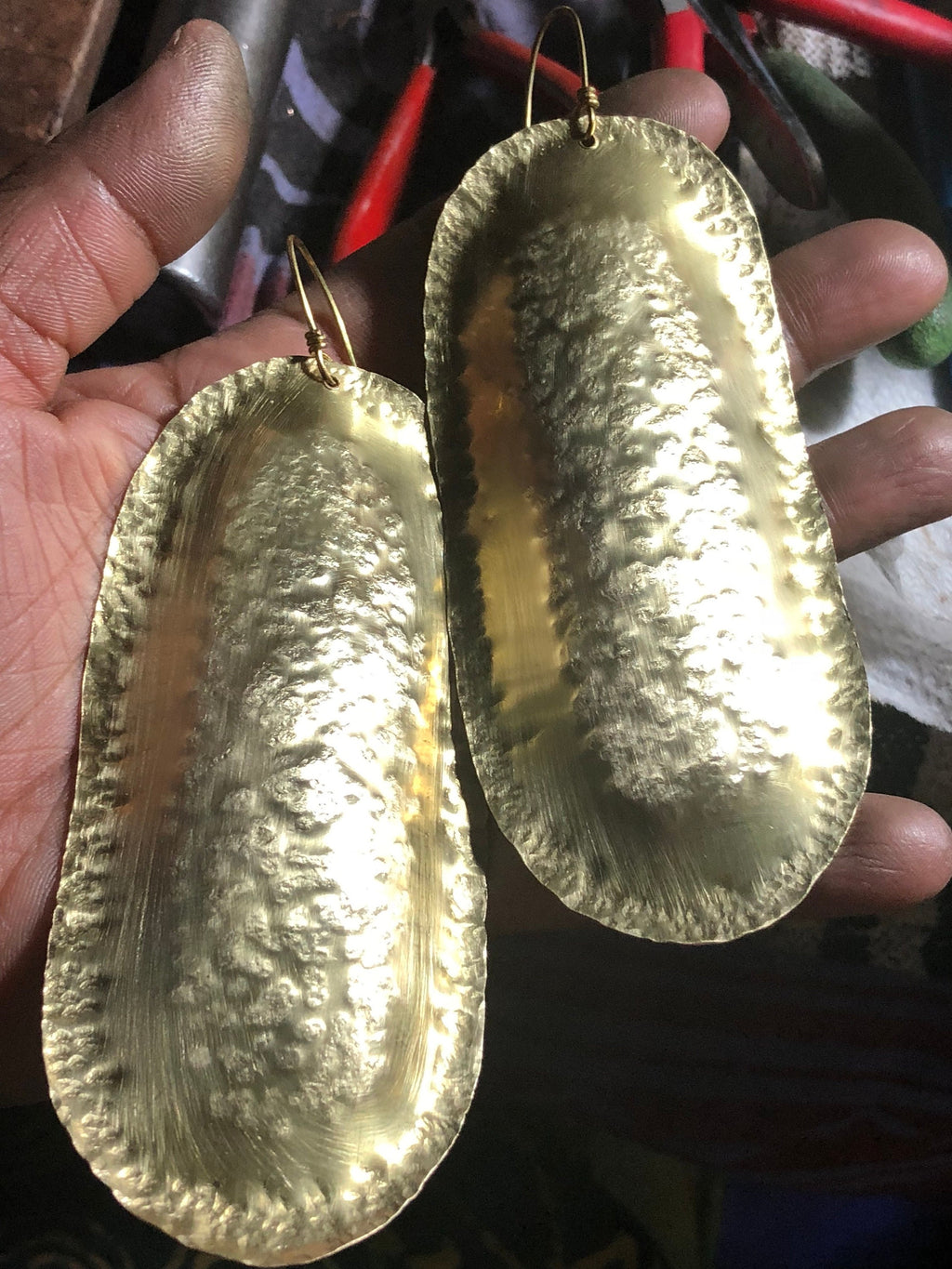 Oblong Hammered Brass Statement Earrings