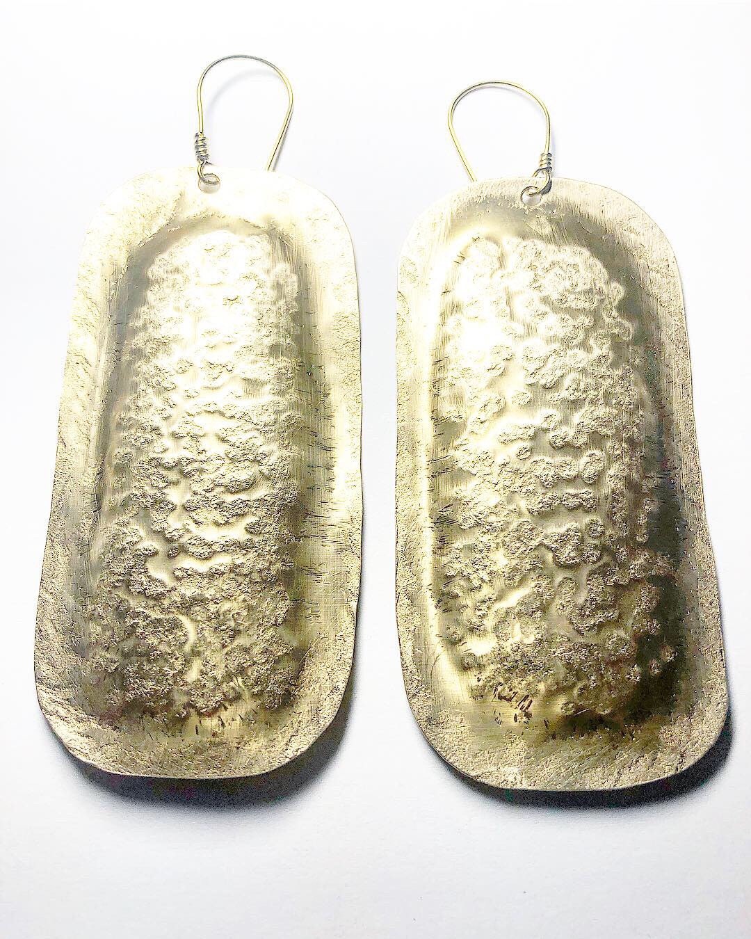 Oblong Hammered Brass Statement Earrings