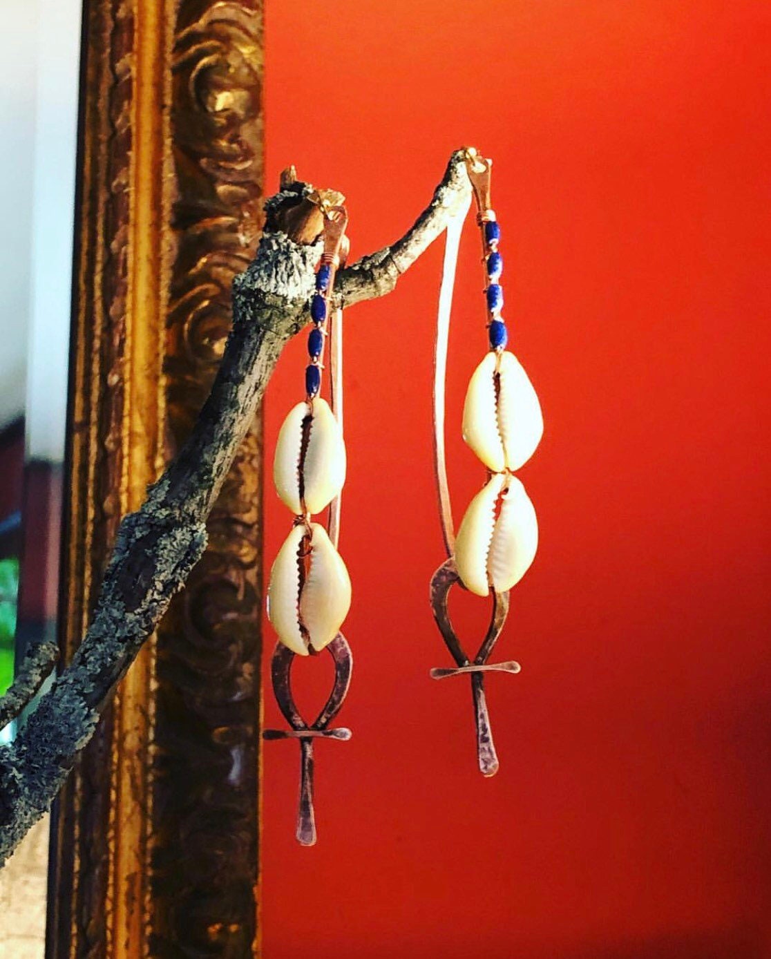 Cowrie Shell Ankh Statement Hoops