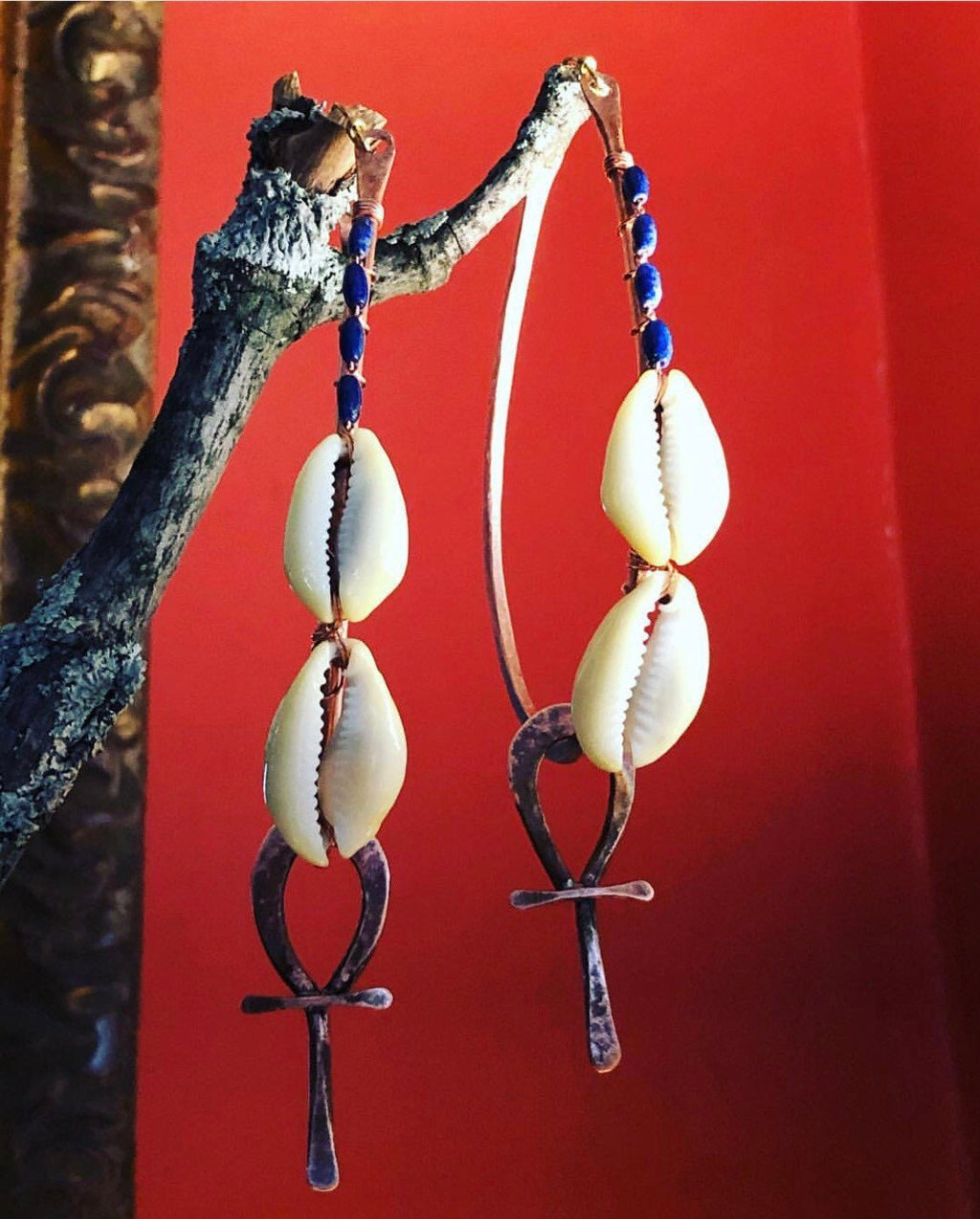 Cowrie Shell Ankh Statement Hoops