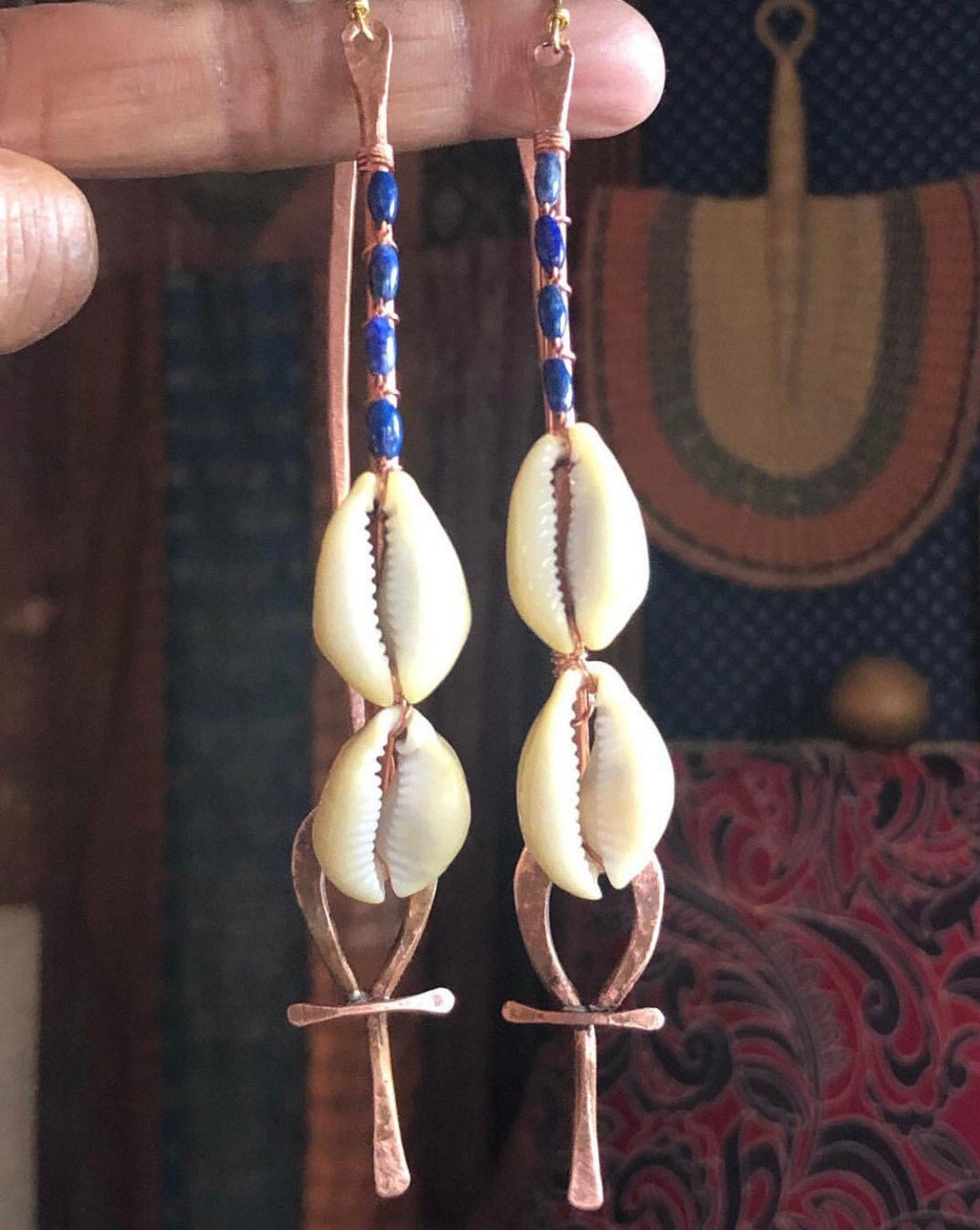 Cowrie Shell Ankh Statement Hoops