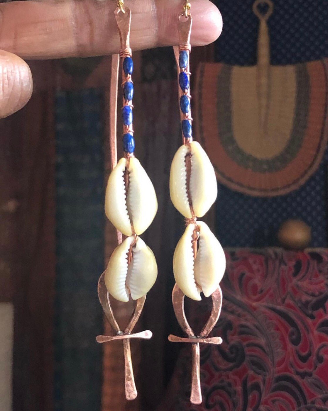 Cowrie Shell Ankh Statement Hoops