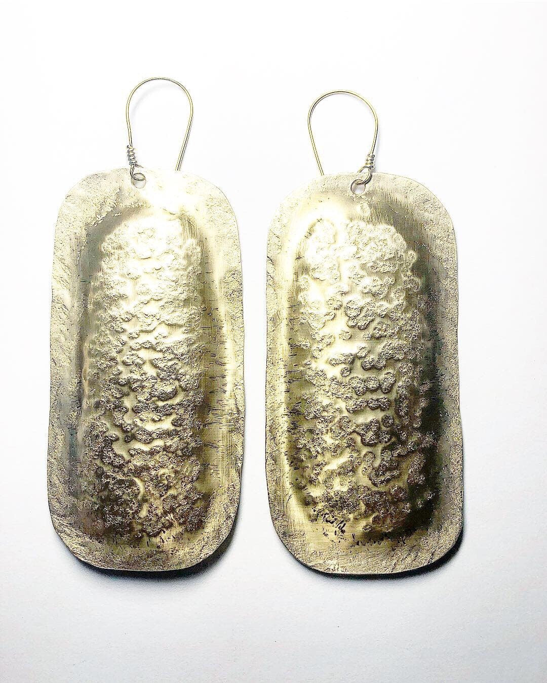 Oblong Hammered Brass Statement Earrings