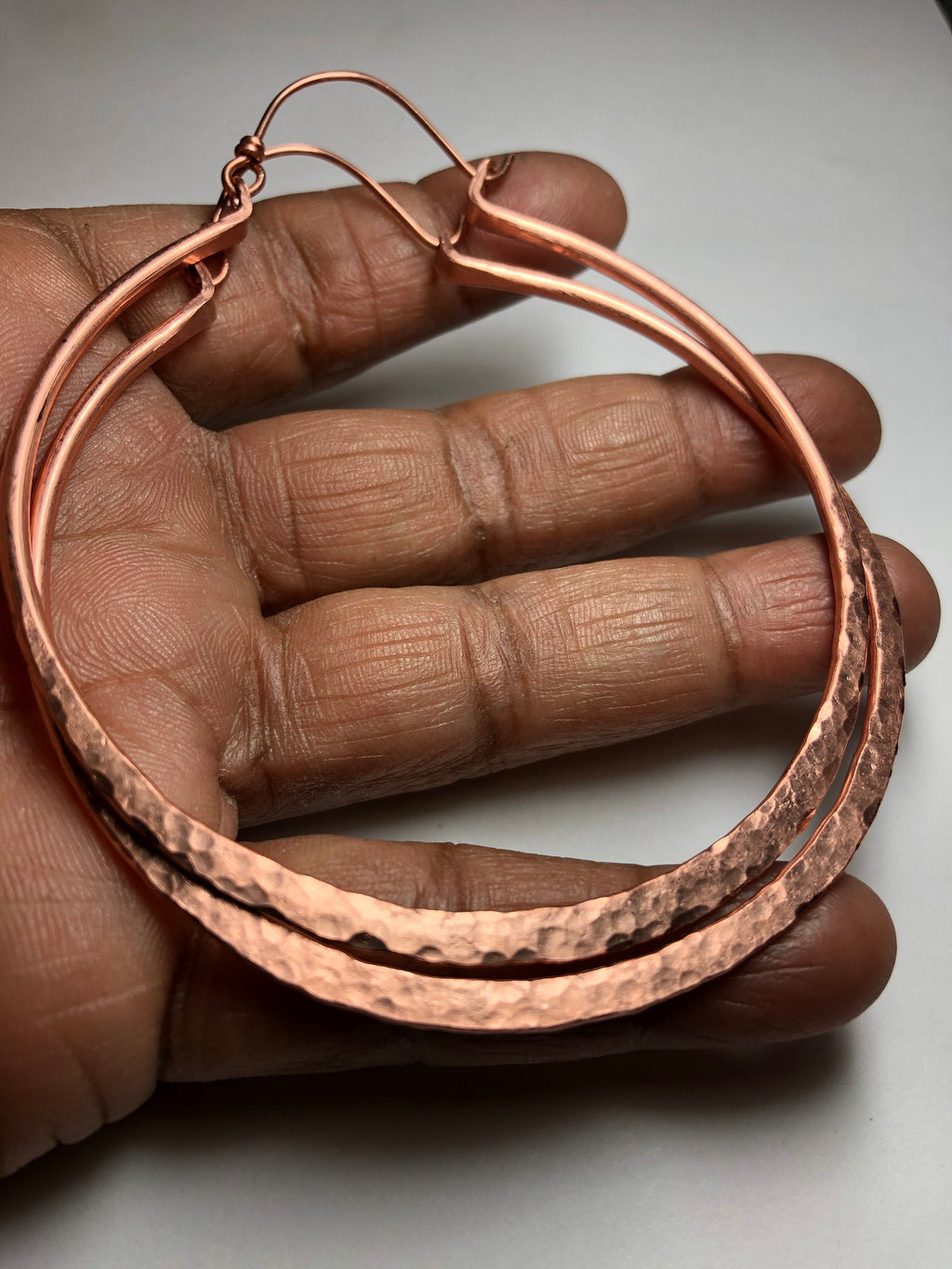 Large Hammered Copper Hoop Earrings, Handwrought (4 inch)