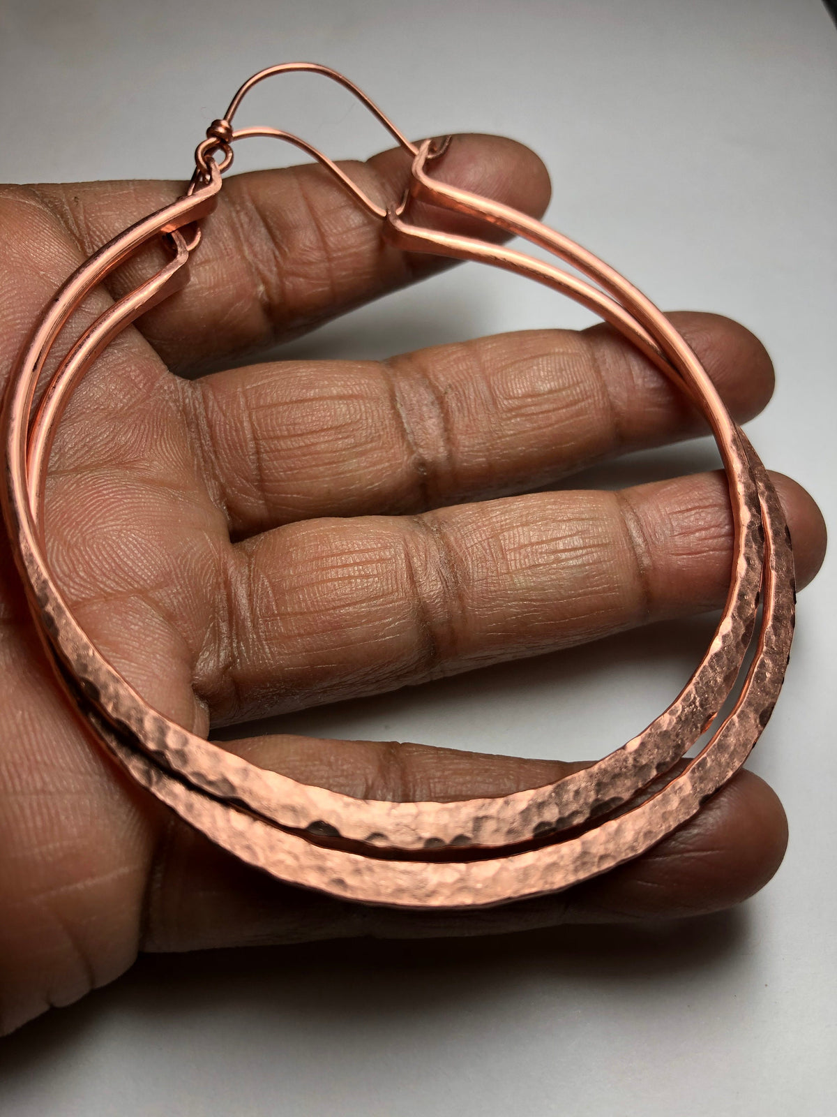 Large Hammered Copper Hoop Earrings, Handwrought (4 inch)