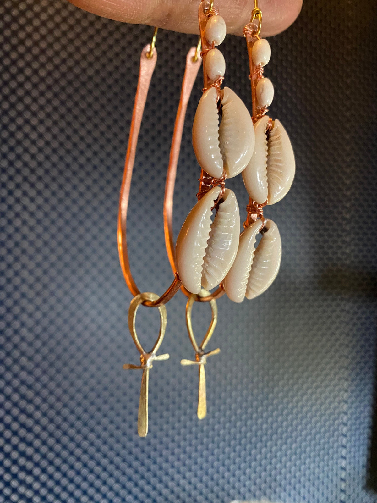 Cowrie Shell Ankh Statement Hoops