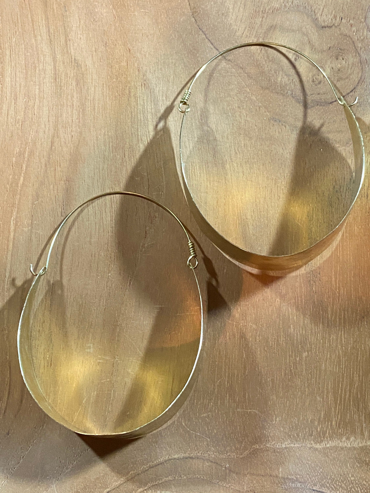 Hammered Brass Eclipse Hoops, Lightweight Handmade Earrings