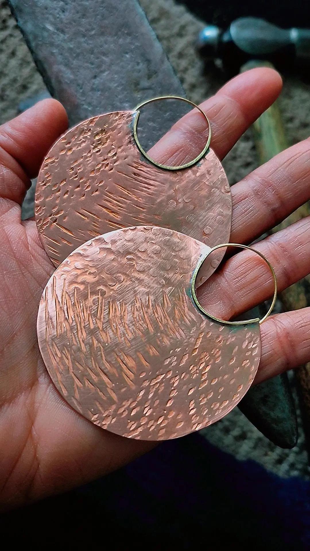 Afro Futuristic Copper Disk Statement Hoop Earrings