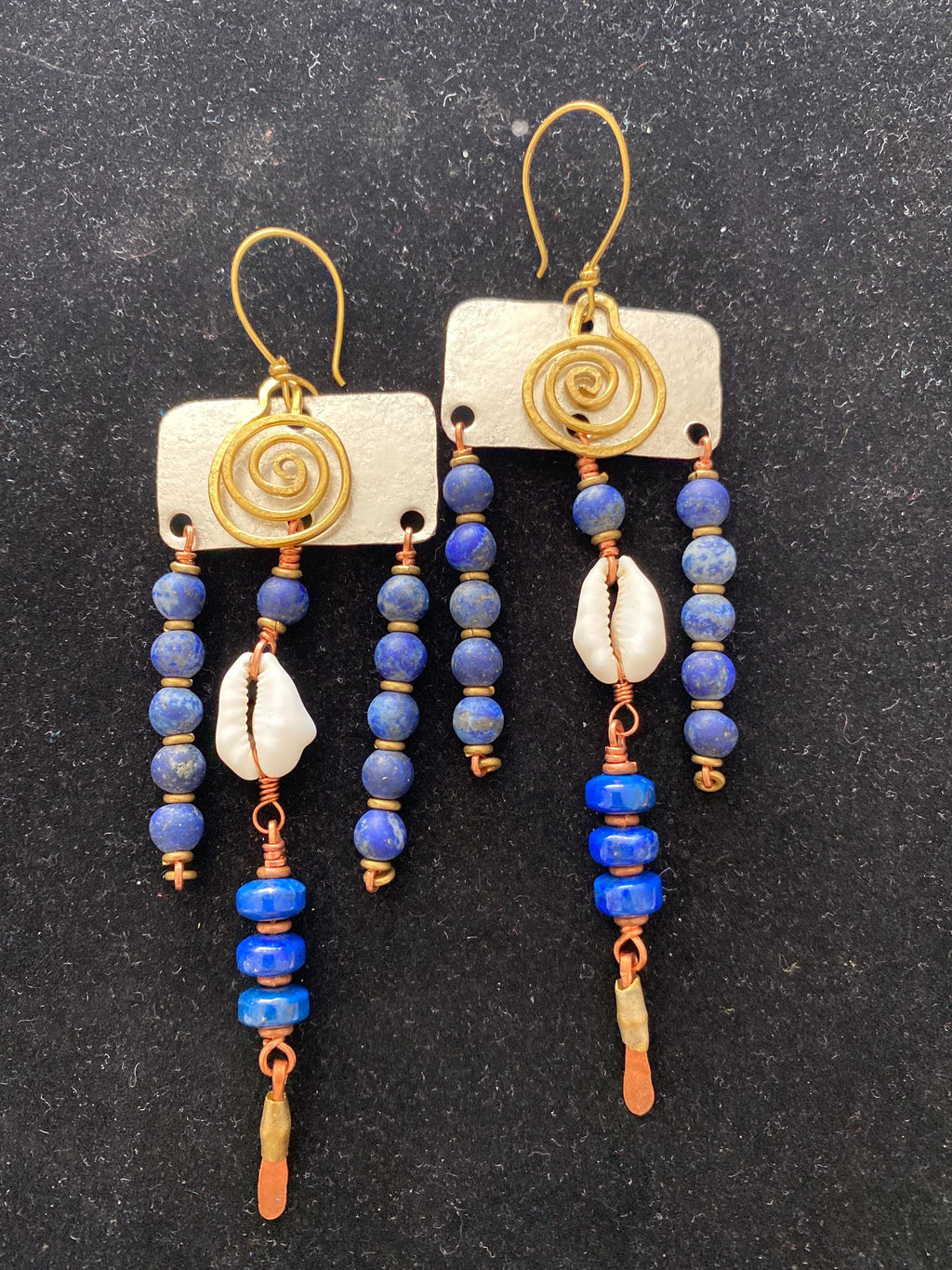 Silver Brass Copper Cowrie Shell & Lapis Brass Statement Earrings