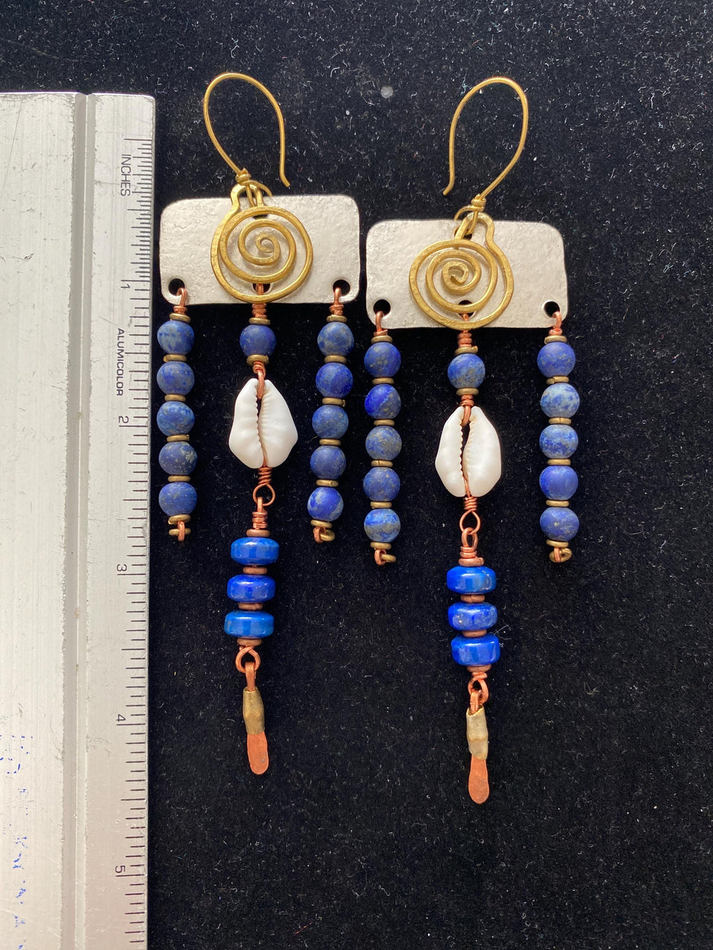 Silver Brass Copper Cowrie Shell & Lapis Brass Statement Earrings
