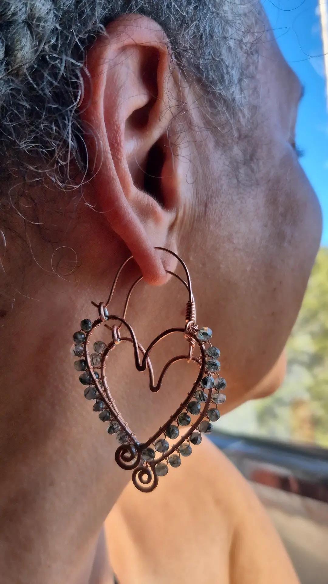Green Adventurine Copper Heart Hoop Earrings