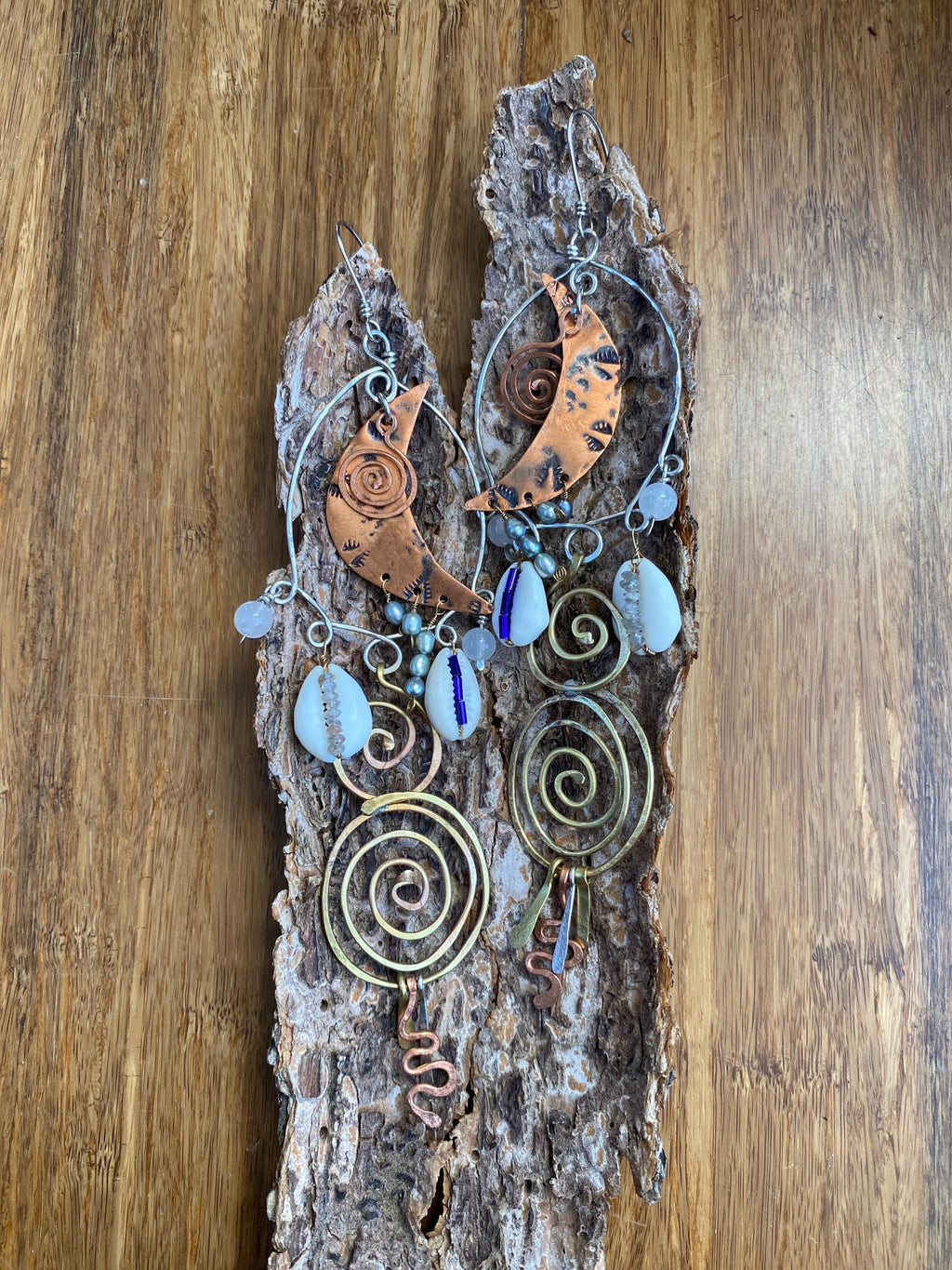 Upcycled Stamped Cresent Moons Copper Whimsical Shoulder Duster Earrings
