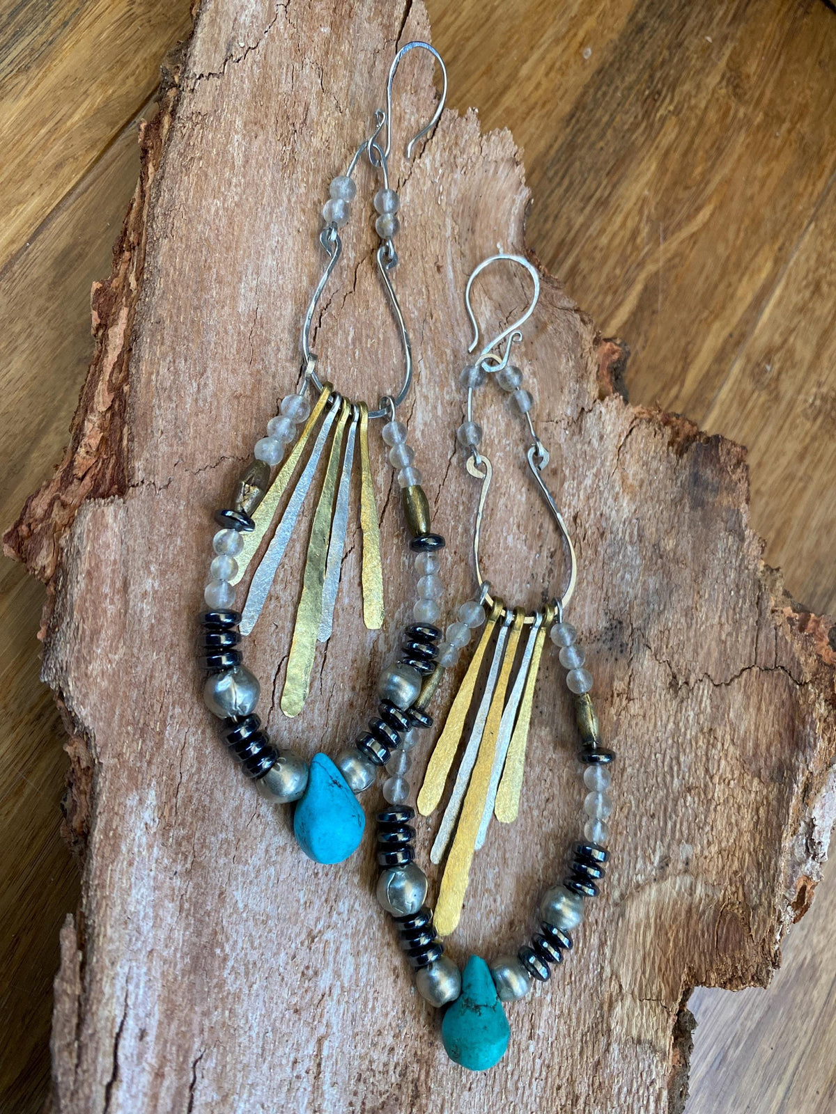 Mixed Metal Turquoise Hematite Obsidian Statement Earrings