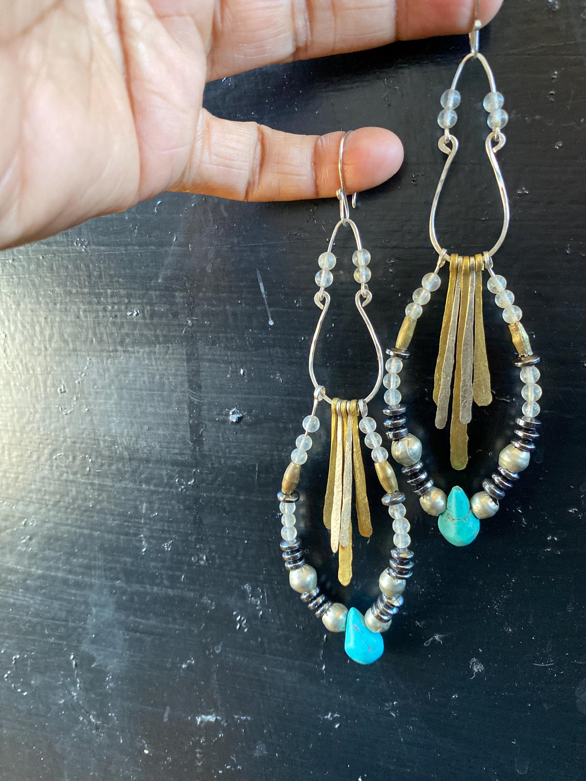 Mixed Metal Turquoise Hematite Obsidian Statement Earrings