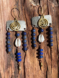 Silver Brass Copper Cowrie Shell & Lapis Brass Statement Earrings