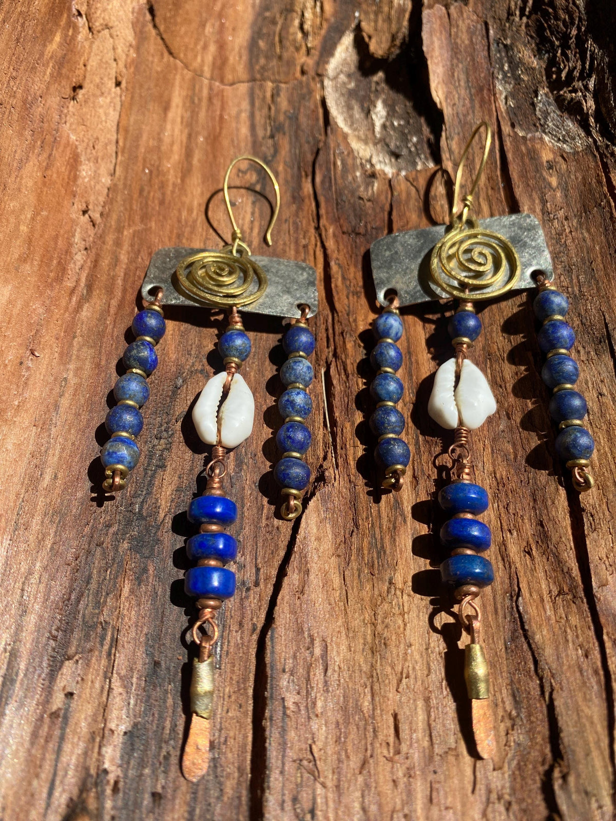 Silver Brass Copper Cowrie Shell & Lapis Brass Statement Earrings