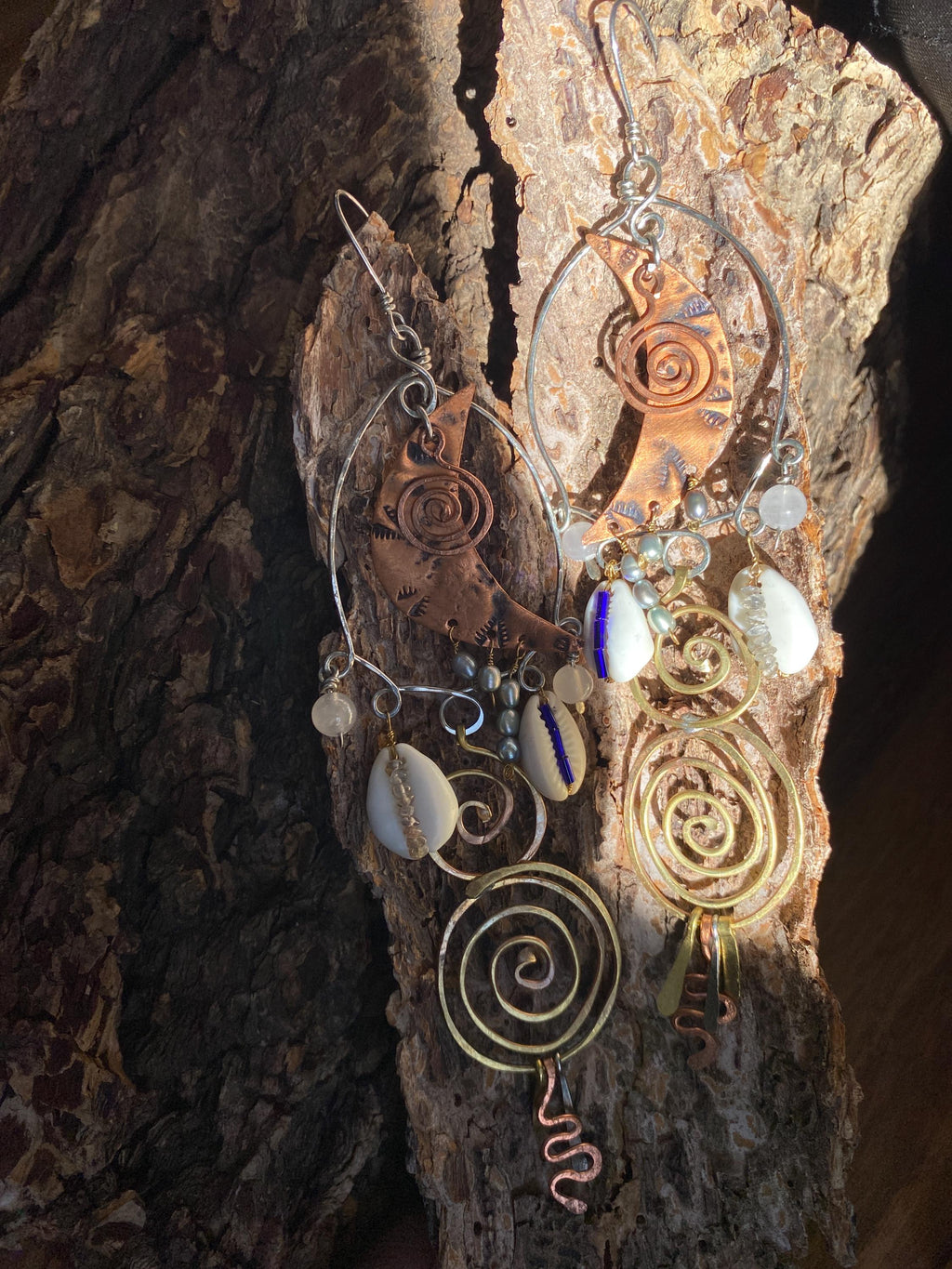Upcycled Stamped Cresent Moons Copper Whimsical Shoulder Duster Earrings